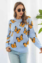 Load image into Gallery viewer, Bright Butterfly Pattern Round Neck Dropped Shoulder Sweater