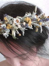 Load image into Gallery viewer, Yellow fields. Dried flower autumn crown with tansy, yarrow, mini daisies and lavender