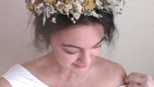 Load image into Gallery viewer, Yellow fields. Dried flower autumn crown with tansy, yarrow, mini daisies and lavender