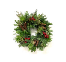 Load image into Gallery viewer, Winter Bounty woodland Wreath. Fresh evergreens and spruce pine cone wreath. Wonderful natural holiday Christmas Wreat/Centerpiece -Nov Ship