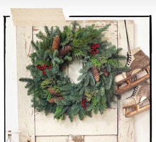 Load image into Gallery viewer, Winter Bounty woodland Wreath. Fresh evergreens and spruce pine cone wreath. Wonderful natural holiday Christmas Wreat/Centerpiece -Nov Ship
