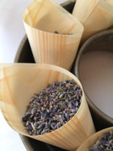 Load image into Gallery viewer, Lavender wedding confetti cones- wedding exit confetti - biodegradable wooden cones and dried lavender