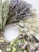 Load image into Gallery viewer, Wheel wreath. Dried herb, floral, lavender and grain wreath- Easter Spring Wreath measures 19-20”