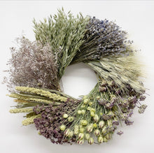 Load image into Gallery viewer, Wheel wreath. Dried herb, floral, lavender and grain wreath- Easter Spring Wreath measures 19-20”