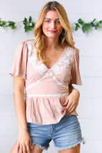 Load image into Gallery viewer, Taupe Crinkle Embroidered Smocked Babydoll Top
