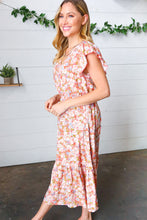 Load image into Gallery viewer, Coral Floral Boho Elastic Waist Ruffle Midi Dress
