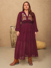 Load image into Gallery viewer, Plus Size Embroidered Polka Dot Tie Neck Long Sleeve Midi Dress
