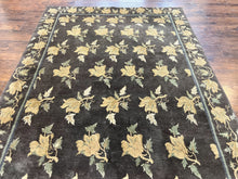 Load image into Gallery viewer, Tibetan Nepal Rug 6x9, Wool Hand Knotted Vintage Carpet 6 x 9, Dark Green &amp; Golden Yellow, Floral Bouquets
