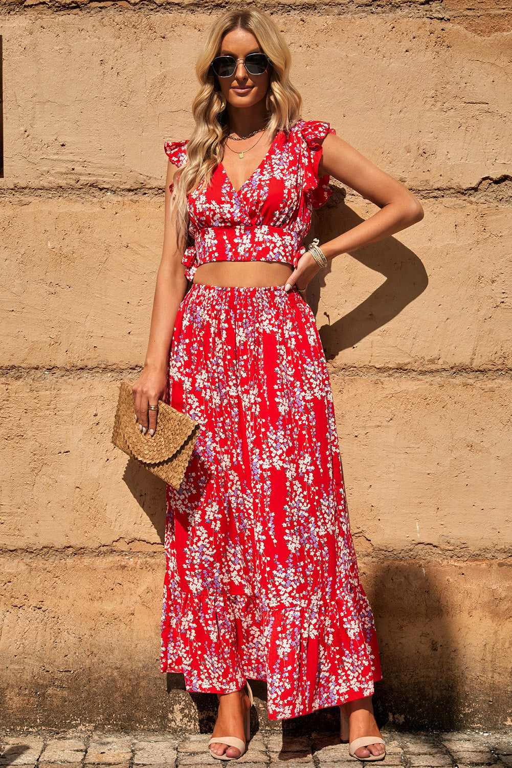 Sunny Day Tie Back floral Cropped Top and Maxi Skirt Set