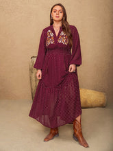 Load image into Gallery viewer, Plus Size Embroidered Polka Dot Tie Neck Long Sleeve Midi Dress
