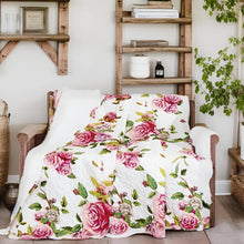 Load image into Gallery viewer, Bedding Romantic Roses Floral Throw Blanket - Lovely Spring Pink &amp; White Scalloped Colorful Lightweight Breathable - Bright Vibrant Quilted Throw Blanket - 50 x 60
