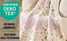 Load image into Gallery viewer, Cotton Patchwork Throw Blanket - Floral Cottage Quilted Reversible Blush Pink &amp; Cream Shabby Chic Botanical Ruffle Design - Vintage Garden Rose Pastel Accents (3031)- 50 x 60
