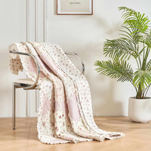 Load image into Gallery viewer, Cotton Patchwork Throw Blanket - Floral Cottage Quilted Reversible Blush Pink &amp; Cream Shabby Chic Botanical Ruffle Design - Vintage Garden Rose Pastel Accents (3031)- 50 x 60
