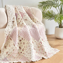 Load image into Gallery viewer, Cotton Patchwork Throw Blanket - Floral Cottage Quilted Reversible Blush Pink &amp; Cream Shabby Chic Botanical Ruffle Design - Vintage Garden Rose Pastel Accents (3031)- 50 x 60
