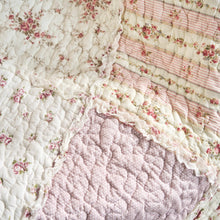 Load image into Gallery viewer, Cotton Patchwork Throw Blanket - Floral Cottage Quilted Reversible Blush Pink &amp; Cream Shabby Chic Botanical Ruffle Design - Vintage Garden Rose Pastel Accents (3031)- 50 x 60
