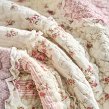 Load image into Gallery viewer, Cotton Patchwork Throw Blanket - Floral Cottage Quilted Reversible Blush Pink &amp; Cream Shabby Chic Botanical Ruffle Design - Vintage Garden Rose Pastel Accents (3031)- 50 x 60
