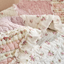 Load image into Gallery viewer, Cotton Patchwork Throw Blanket - Floral Cottage Quilted Reversible Blush Pink &amp; Cream Shabby Chic Botanical Ruffle Design - Vintage Garden Rose Pastel Accents (3031)- 50 x 60
