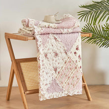 Load image into Gallery viewer, Cotton Patchwork Throw Blanket - Floral Cottage Quilted Reversible Blush Pink &amp; Cream Shabby Chic Botanical Ruffle Design - Vintage Garden Rose Pastel Accents (3031)- 50 x 60
