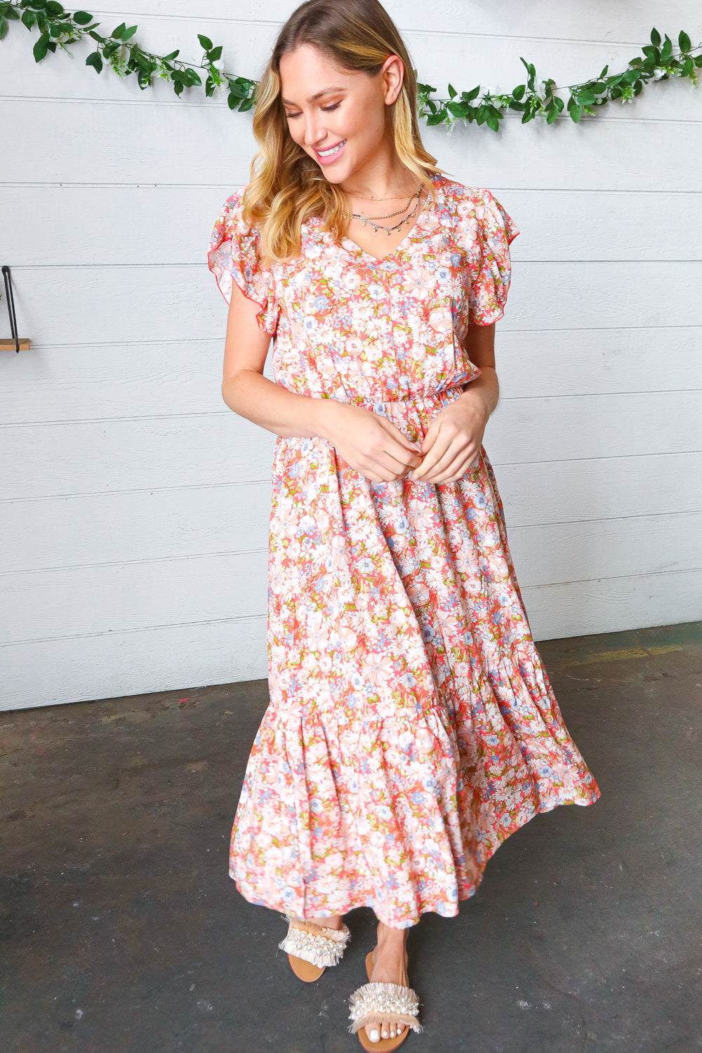 Coral Floral Boho Elastic Waist Ruffle Midi Dress 3X