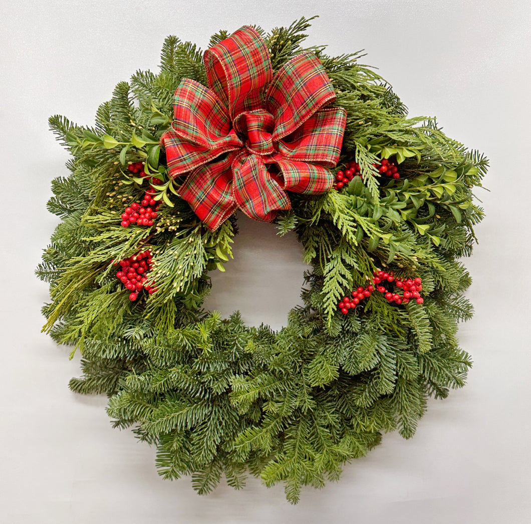 Plaid Bow & Berry Fresh Christmas Wreath