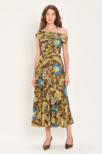 Load image into Gallery viewer, TEAL TEMPTATION BROWN/TEAL DRAPED ONE-SHOULDER MESH MIDI DRESS
