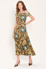 Load image into Gallery viewer, TEAL TEMPTATION BROWN/TEAL DRAPED ONE-SHOULDER MESH MIDI DRESS
