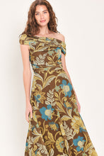 Load image into Gallery viewer, TEAL TEMPTATION BROWN/TEAL DRAPED ONE-SHOULDER MESH MIDI DRESS
