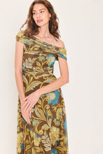Load image into Gallery viewer, TEAL TEMPTATION BROWN/TEAL DRAPED ONE-SHOULDER MESH MIDI DRESS

