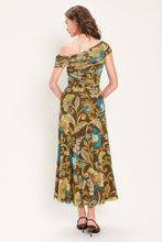 Load image into Gallery viewer, TEAL TEMPTATION BROWN/TEAL DRAPED ONE-SHOULDER MESH MIDI DRESS
