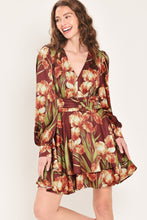 Load image into Gallery viewer, BURGUNDY CRUSH PRINTED RUCHED-WAIST TIERED MINI DRESS
