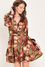 Load image into Gallery viewer, BURGUNDY CRUSH PRINTED RUCHED-WAIST TIERED MINI DRESS
