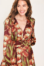 Load image into Gallery viewer, BURGUNDY CRUSH PRINTED RUCHED-WAIST TIERED MINI DRESS
