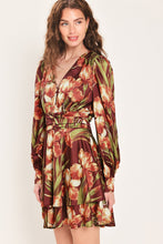 Load image into Gallery viewer, BURGUNDY CRUSH PRINTED RUCHED-WAIST TIERED MINI DRESS
