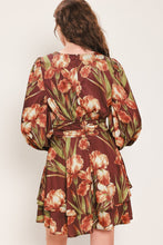 Load image into Gallery viewer, BURGUNDY CRUSH PRINTED RUCHED-WAIST TIERED MINI DRESS
