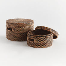Load image into Gallery viewer, BURMA RATTAN ROUND LIDDED BOXES, SET OF 2
