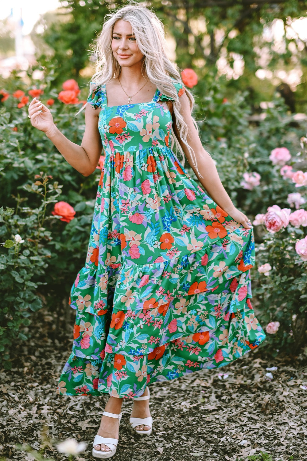 Retro Garden Tiered Ruffled Printed Sleeveless Dress