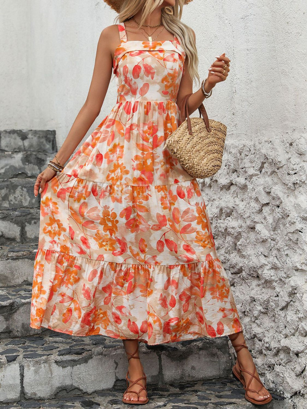 Coral Charm Crisscross Printed Square Neck Midi Dress