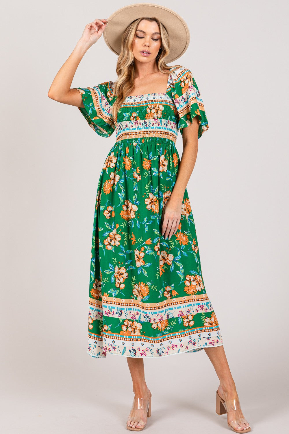 SAGE + FIG Printed Smocked Short Sleeve Midi Dress The Gathering Garden SAGE + FIG Printed Smocked Short Sleeve Midi Dress The Gathering Garden