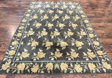 Load image into Gallery viewer, Tibetan Nepal Rug 6x9, Wool Hand Knotted Vintage Carpet 6 x 9, Dark Green &amp; Golden Yellow, Floral Bouquets
