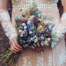 Load image into Gallery viewer, Dried Flower Bouquet with Blue Lavender, Pink Gomphrena, Daisies, Wheat &amp; Oregano
