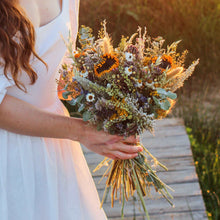 Load image into Gallery viewer, Dried Flower Bouquet – Sunflowers, Eucalyptus, Daisies &amp; Yarrow – Rustic Farm-Grown California Wedding &amp; Home Décor Arrangement
