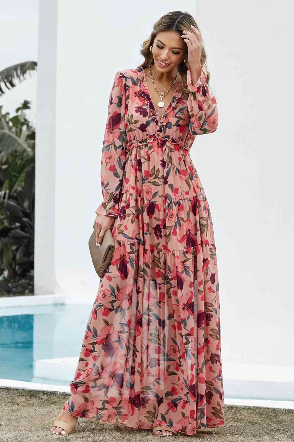 Floral Frill Trim Flounce Sleeve Plunge Maxi Dress – The Gathering Garden