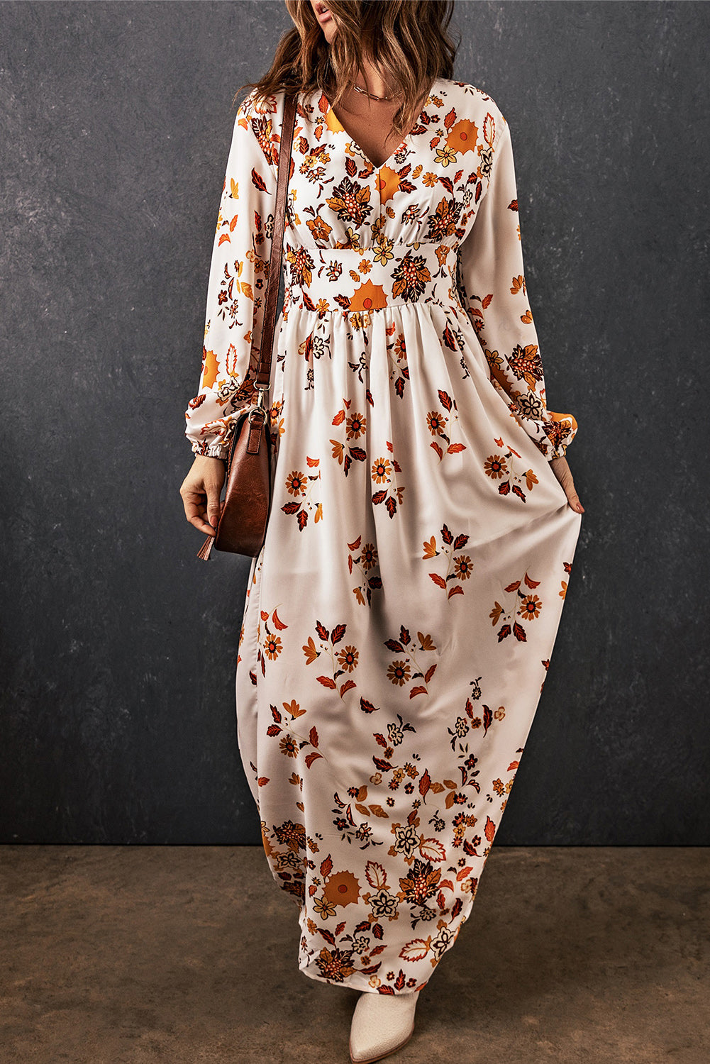 floral printed long sleeve v-neck self tie maxi dress Floral V-Neck Long Sleeve Maxi Dress