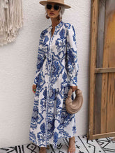 Load image into Gallery viewer, Mykonos Florals Printed Tie Waist Notched Neck Midi Dress
