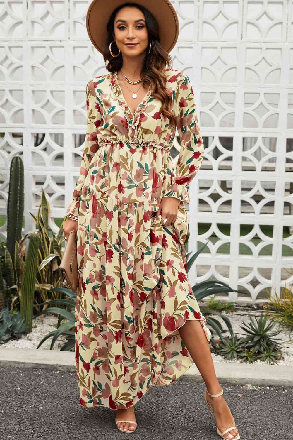 knee length dresses for ladies Floral Frill Trim Flounce Sleeve Plunge Maxi Dress – The Gathering Garden