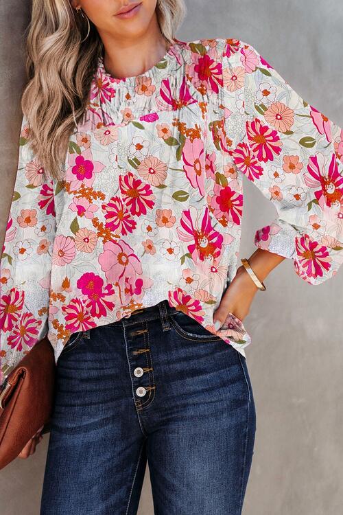 Winter Whimsy Floral Round Neck Balloon Sleeve Blouse