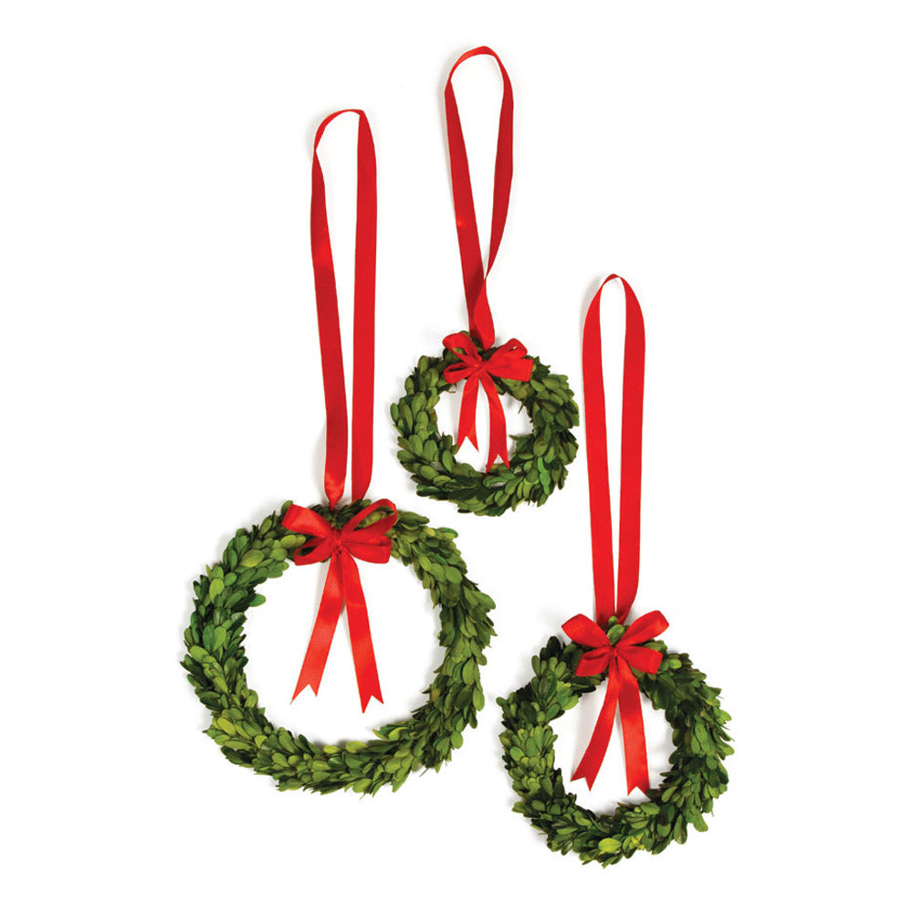 Boxwood Wreaths With Red Ribbons, Set Of 3