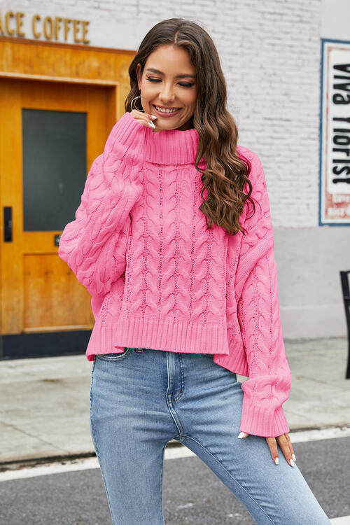Rose pink Turtleneck Cable-Knit Long Sleeve Sweater – The
