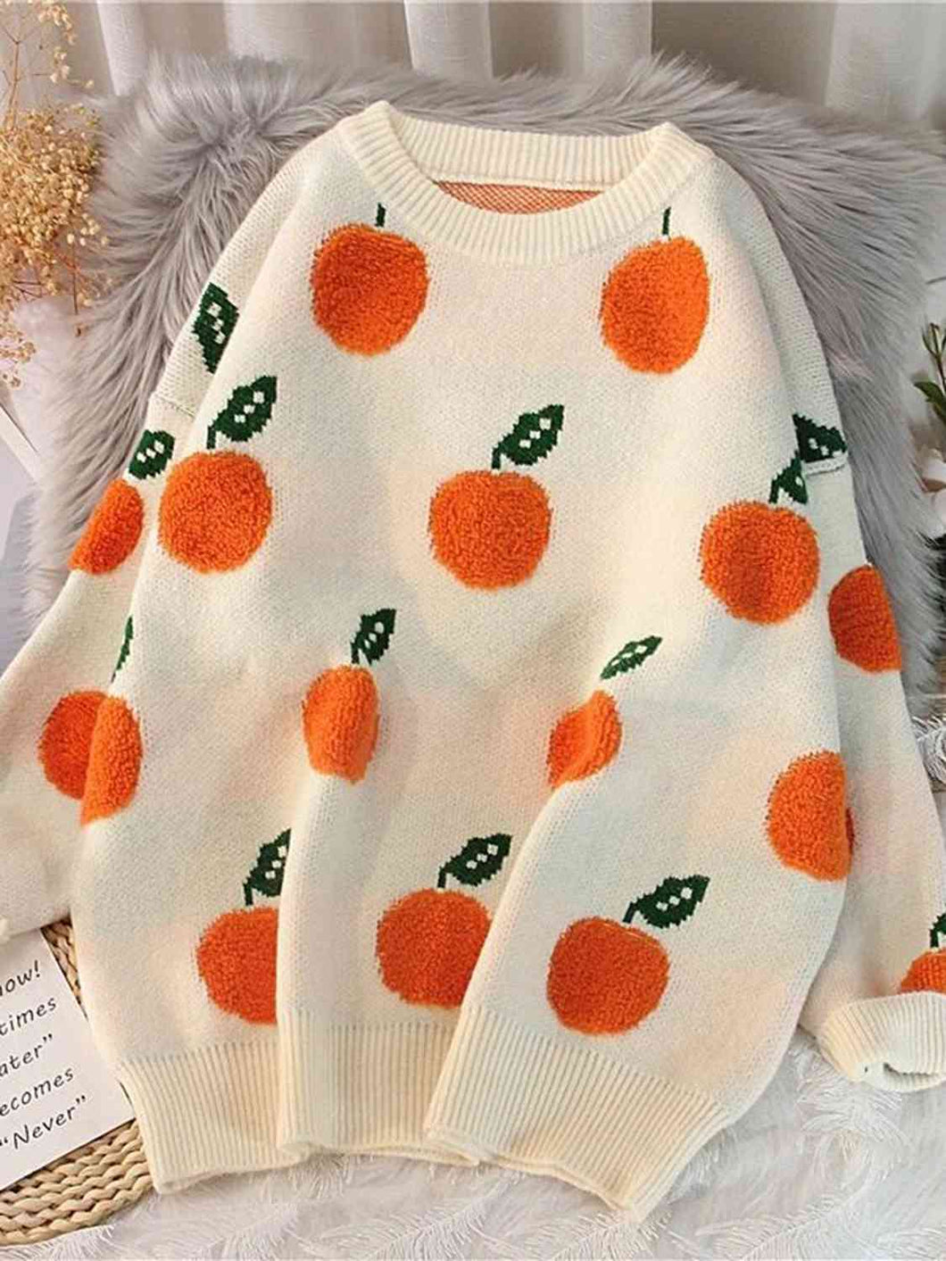 Georgia Peach Printed Round Neck Drop Shoulder Sweater