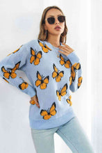 Load image into Gallery viewer, Bright Butterfly Pattern Round Neck Dropped Shoulder Sweater
